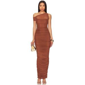 AFRM One-Shoulder Ruched Midi Dress in Brown